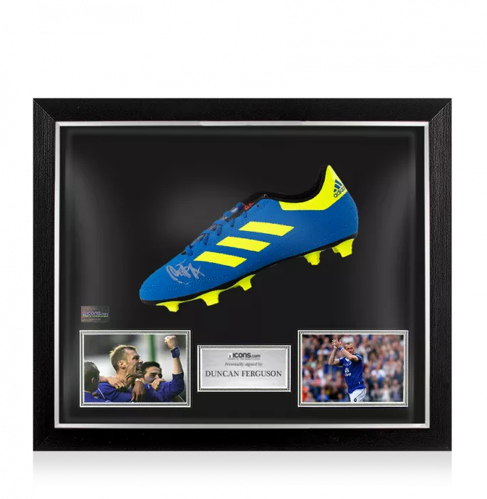 icons Duncan Ferguson Signed Blue and Yellow Adidas Boot In Bubble Frame: Everton