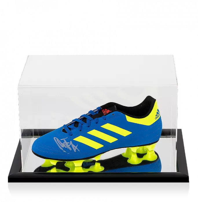 icons Duncan Ferguson Signed Blue and Yellow Adidas Boot In Acrylic Case