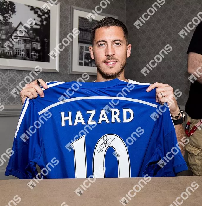 Icons Eden Hazard Back Signed And Framed Chelsea 2014-15 Home Shirt With Fan Style Numbers