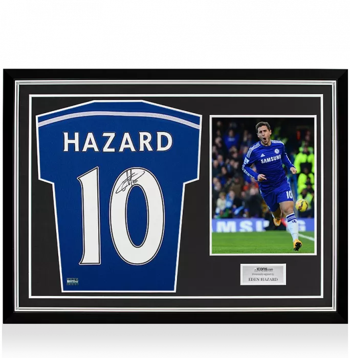 icons Eden Hazard Back Signed Chelsea 2014-15 Home Shirt With Fan Style Numbers In Hero Frame: Option 1