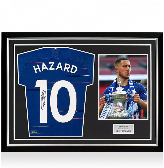 Icons Eden Hazard Back Signed Chelsea 2018-19 Home Shirt With Fan Style Numbers In Hero Frame: Option 1