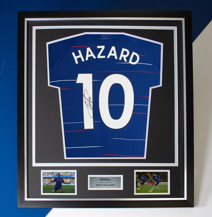 Icons Eden Hazard Back Signed Chelsea 2018-19 Home Shirt With Fan Style Numbers In Classic Frame