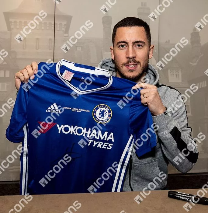 Icons Eden Hazard Front Signed Chelsea 2016-17 Home Shirt In Classic Frame: Premier League Champions Edition
