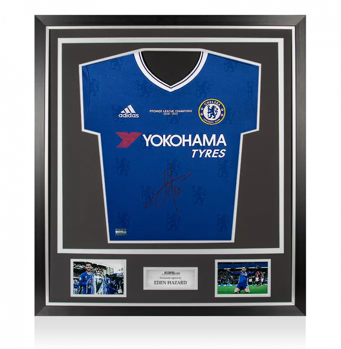 icons Eden Hazard Front Signed Chelsea 2016-17 Home Shirt In Classic Frame: Premier League Champions Edition