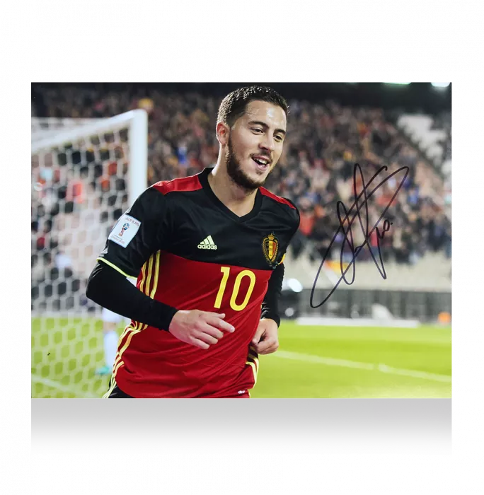Icons Eden Hazard Signed Belgium Photo In Black Wooden Frame: Red Devil