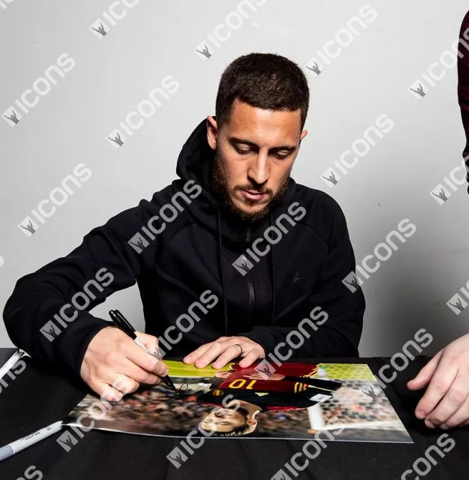 Icons Eden Hazard Signed Belgium Photo In Black Wooden Frame: Red Devil