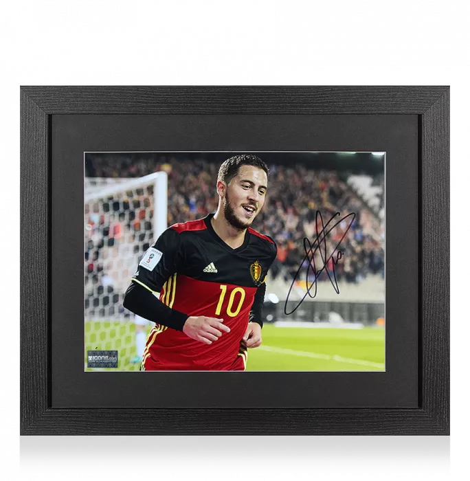 icons Eden Hazard Signed Belgium Photo In Black Wooden Frame: Red Devil