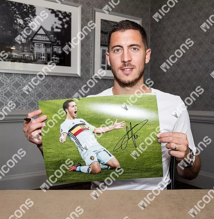 Icons Eden Hazard Signed Belgium Photo In Black Wooden Frame: UEFA EURO 2016 Goal Vs Hungary