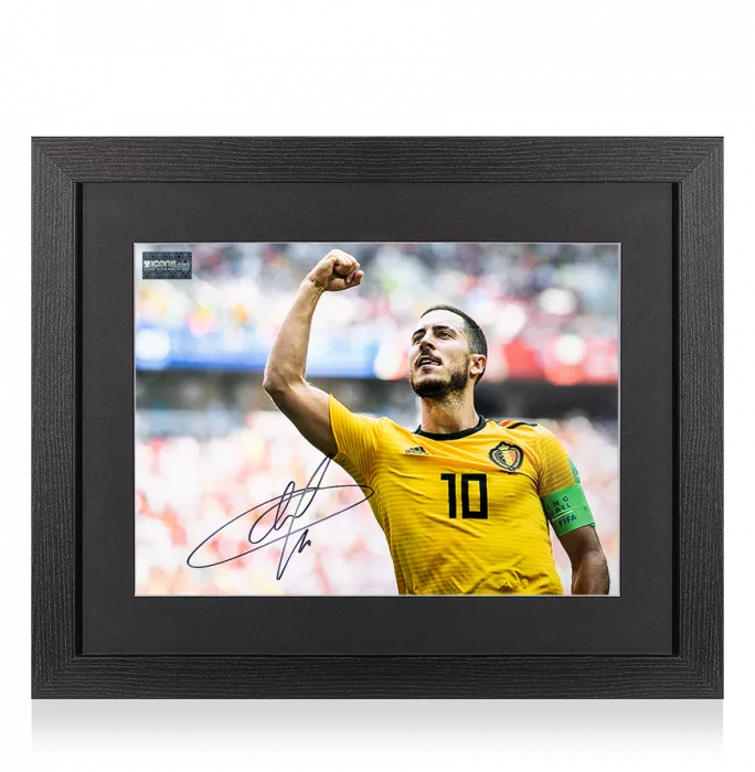 icons Eden Hazard Signed Belgium Photo In Black Wooden Frame: 2018 FIFA World Cup Goal vs Tunisia