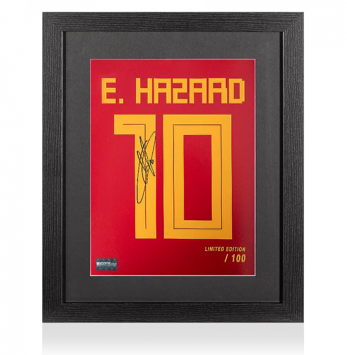 icons Eden Hazard Signed Belgium Shirt Print In Black Wooden Frame: Limited Edition 'Hazard 10'
