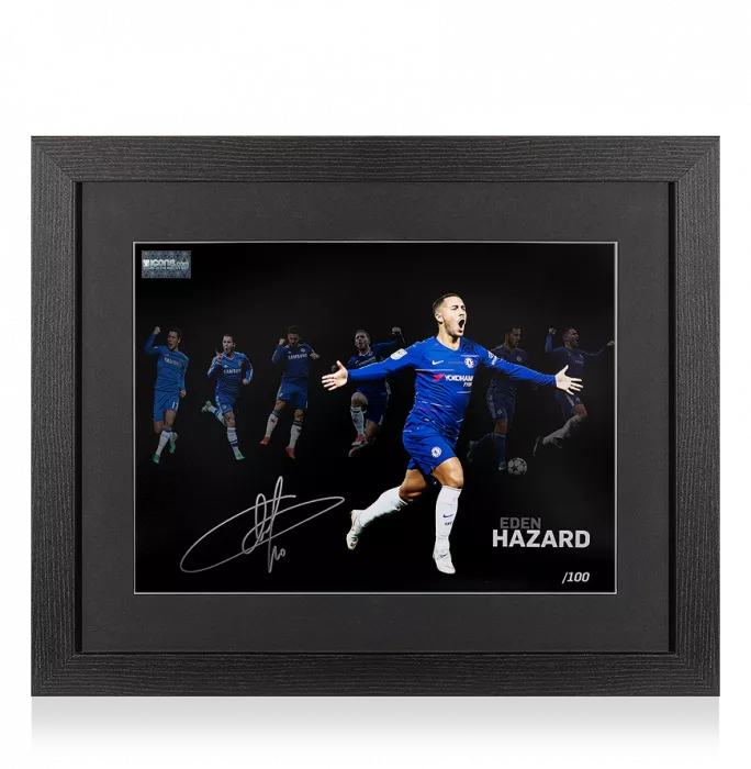 icons Eden Hazard Signed Chelsea Artwork In Black Wooden Frame: 100 Chelsea Goals