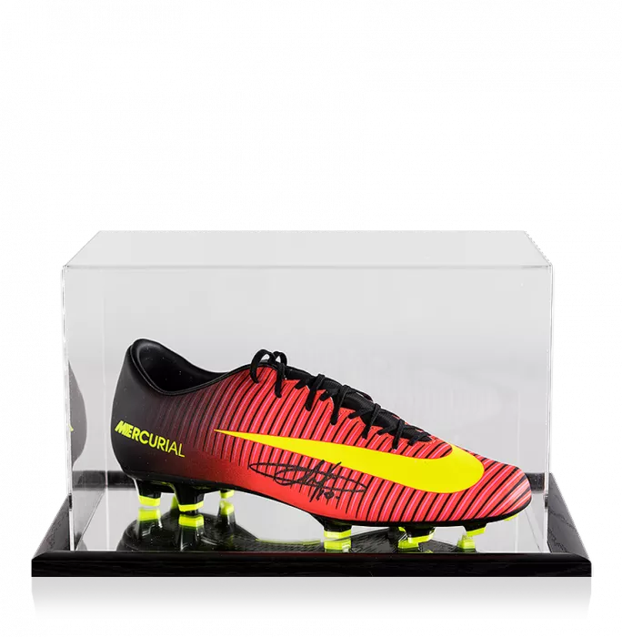 icons Eden Hazard Signed Orange and Black Nike Mercurial Boot In Acrylic Display Case