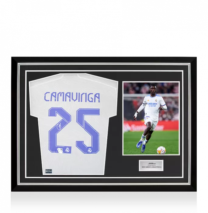 icons Eduardo Camavinga Back Signed Real Madrid 2021-22 Home Shirt In Hero Frame: Option 1