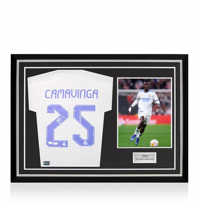 Icons Eduardo Camavinga Back Signed Real Madrid CF 2021-22 Home Shirt In Hero Frame: Option 1