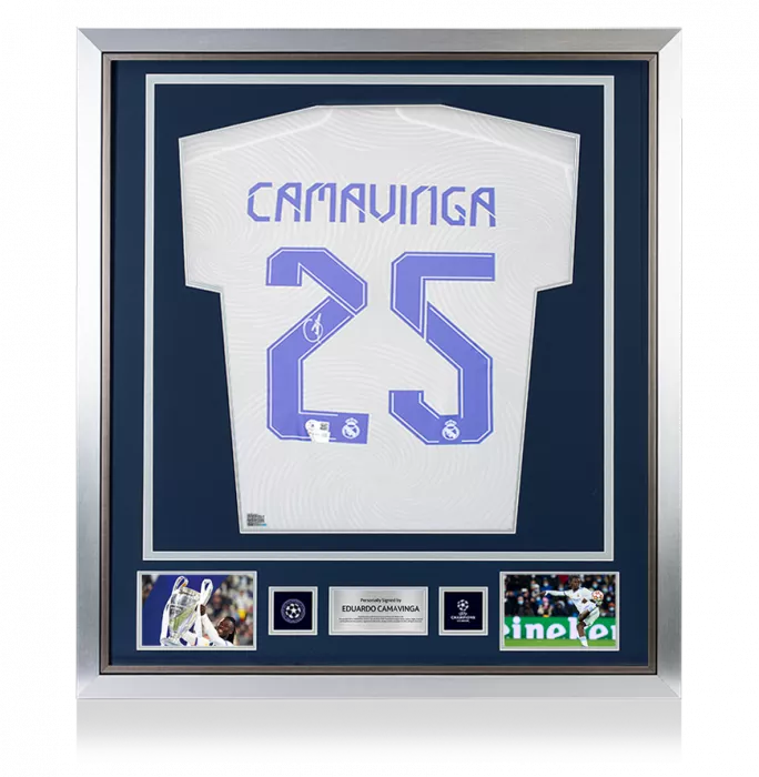 icons Eduardo Camavinga Official UEFA Champions League Back Signed and Framed Real Madrid 2021-22 Home Shirt