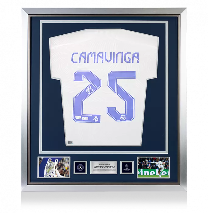 icons Eduardo Camavinga Official UEFA Champions League Back Signed and Framed Real Madrid CF 2021-22 Home Shirt