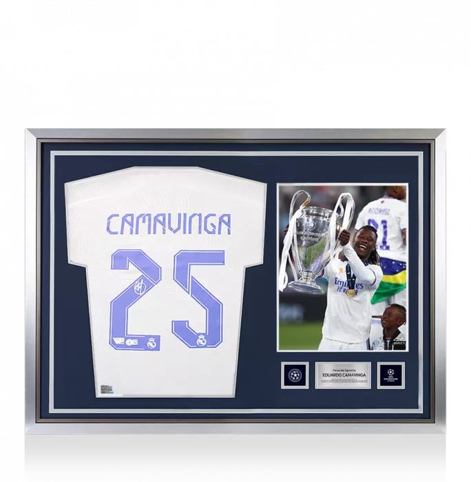 icons Eduardo Camavinga Official UEFA Champions League Back Signed and Hero Framed Real Madrid CF 2021-22 Home Shirt