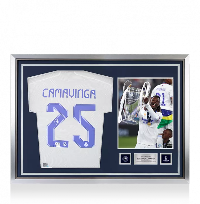 icons Eduardo Camavinga Official UEFA Champions League Back Signed and Hero Framed Real Madrid 2021-22 Home Shirt