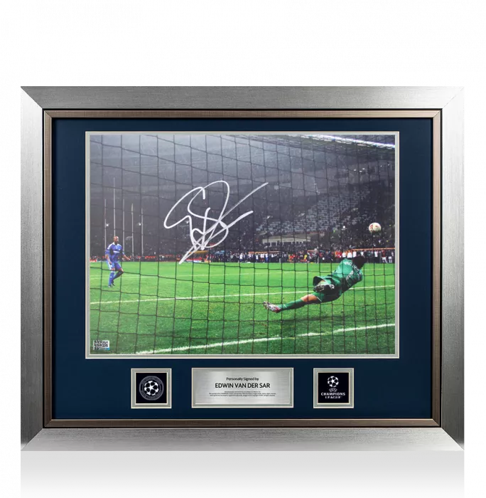 icons Edwin van der Sar Official UEFA Champions League Signed and Framed Manchester United Photo: UCL Final Save