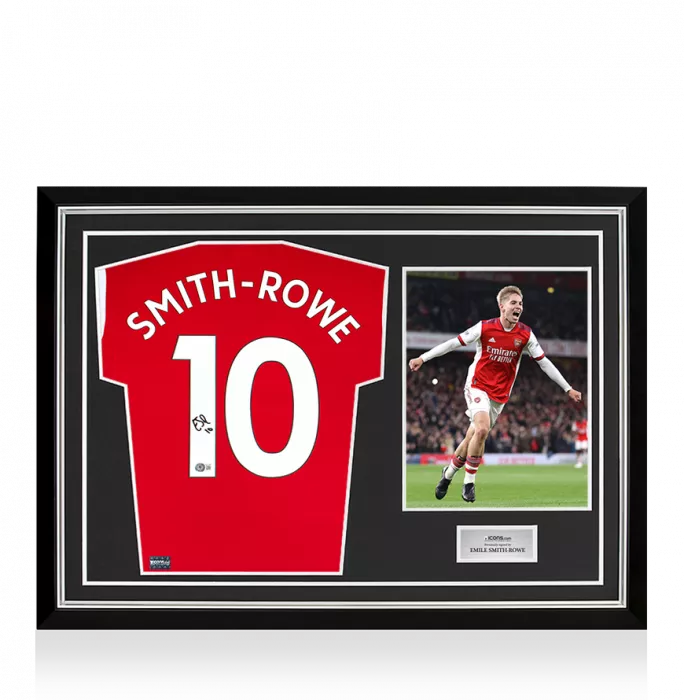 Icons Emile Smith Rowe Back Signed Arsenal 2021-22 Home Shirt In Hero Frame: Option 1