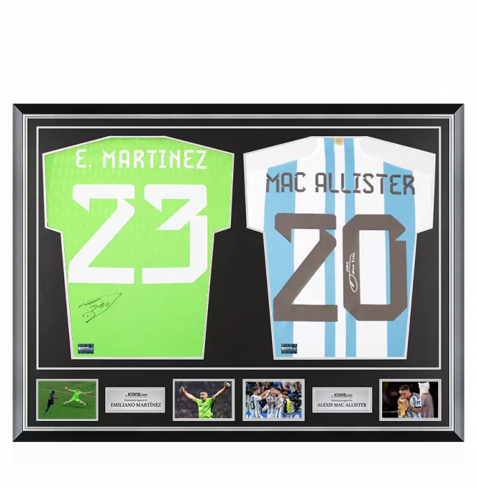 icons Emiliano Martinez & Alexis Mac Allister Signed Argentina Home Shirts In Classic Dual Frame