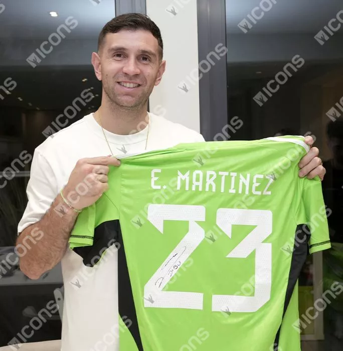 Icons Emiliano Martinez Back Signed Argentina 2022 Home Goalkeeper Shirt In Hero Frame: Option 1