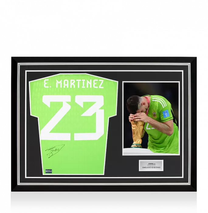 icons Emiliano Martinez Back Signed Argentina 2022 Home Goalkeeper Shirt In Hero Frame: Option 1
