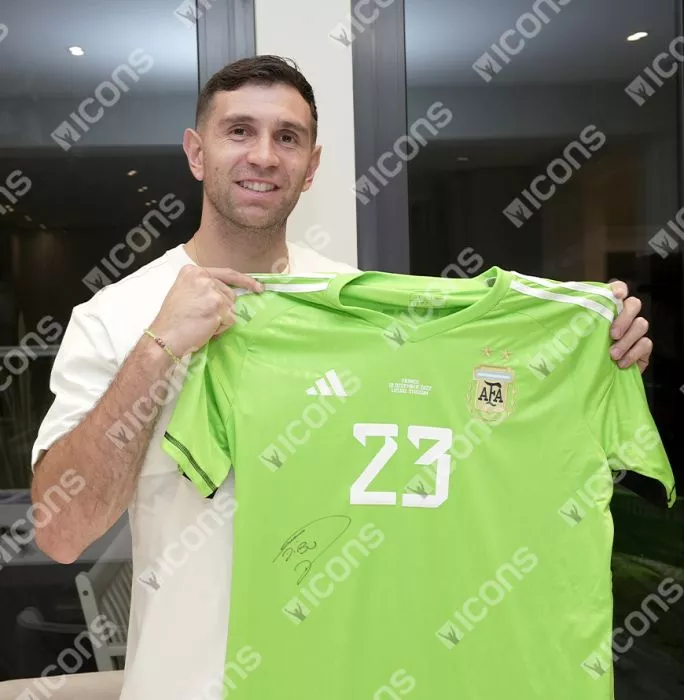 Icons Emiliano Martinez Front Signed Argentina 2022 Home Goalkeeper Shirt In Classic Frame