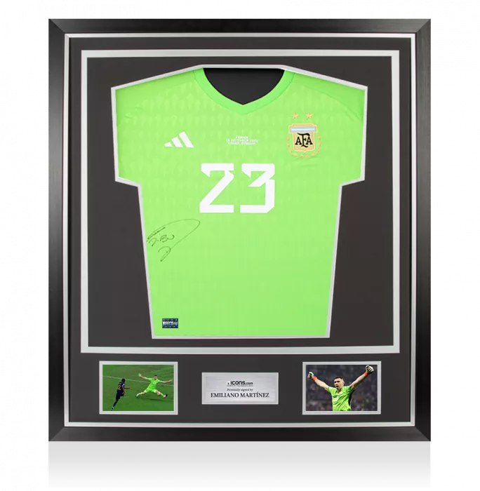 icons Emiliano Martinez Front Signed Argentina 2022 Home Goalkeeper Shirt In Classic Frame