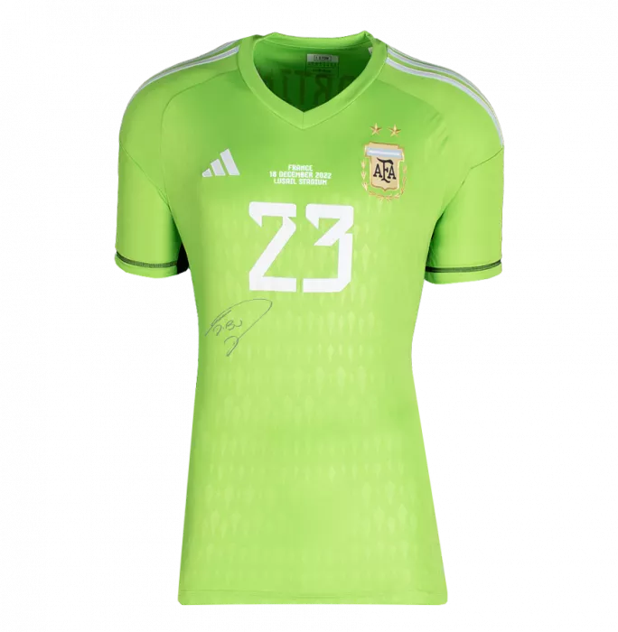 Icons Emiliano Martinez Front Signed Argentina 2022 Home Goalkeeper Shirt In Hero Frame: Option 1