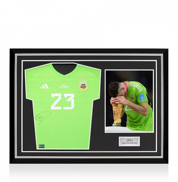 icons Emiliano Martinez Front Signed Argentina 2022 Home Goalkeeper Shirt In Hero Frame: Option 1