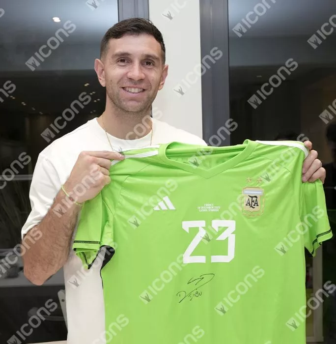 Icons Emiliano Martinez Front Signed Argentina 2022 Home Goalkeeper Shirt In Classic Frame