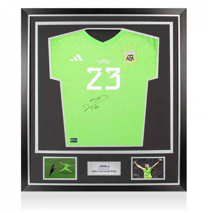 icons Emiliano Martinez Front Signed Argentina 2022 Home Goalkeeper Shirt In Classic Frame