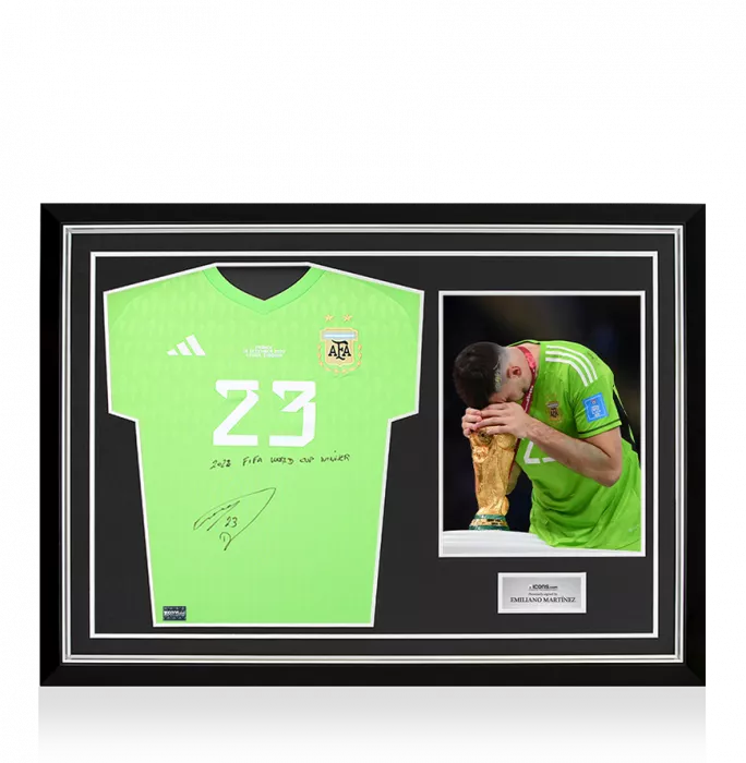 icons Emiliano Martinez Front Signed Argentina 2022 Home Goalkeeper Shirt - "2022 FIFA World Cup Winner" Inscription In Hero Frame: Option 1