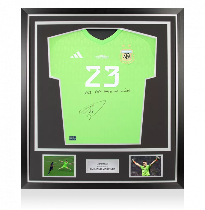 icons Emiliano Martinez Front Signed Argentina 2022 Home Goalkeeper Shirt - "2022 FIFA World Cup Winner" Inscription In Classic Frame