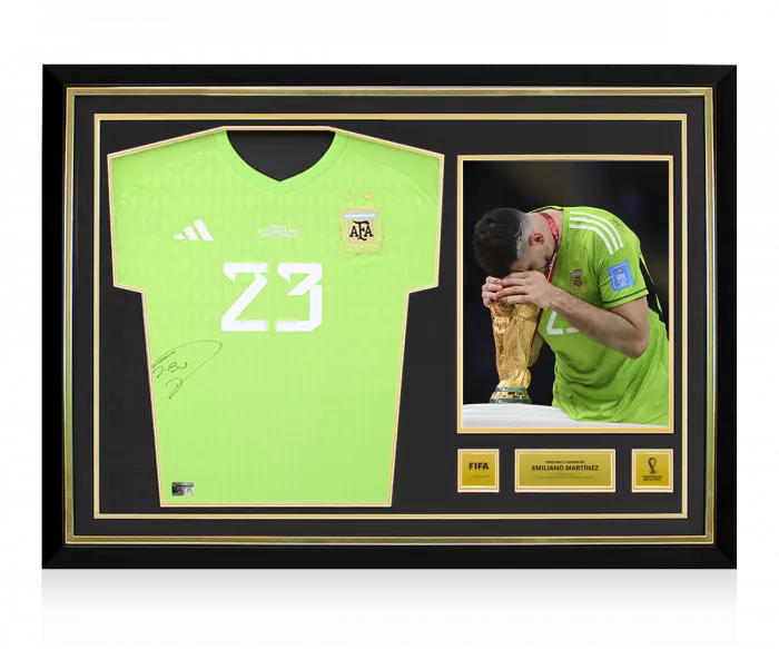 Icons Emiliano Martinez Official 2022 FIFA World Cup™ Front Signed And Hero Framed Argentina 2022 Home Goalkeeper Shirt