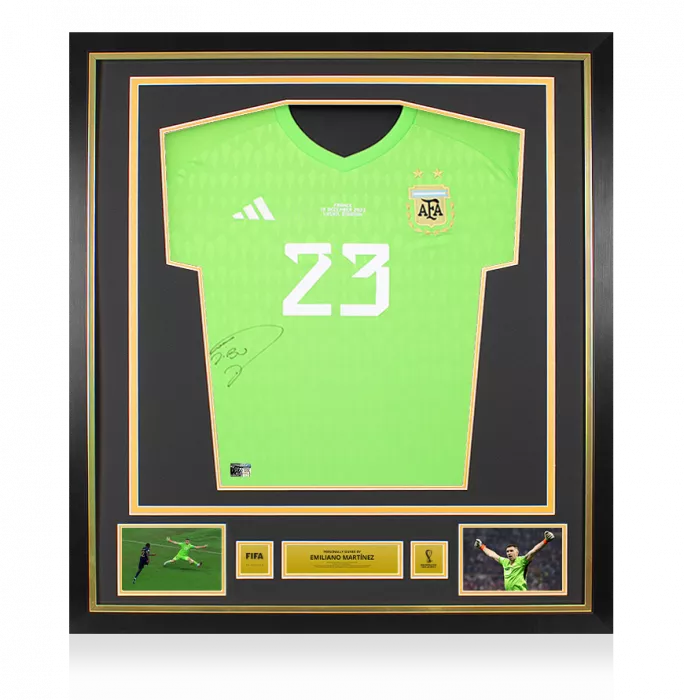 icons Emiliano Martinez Official 2022 FIFA World Cup™ Front Signed and Framed Argentina 2022 Home Goalkeeper Shirt