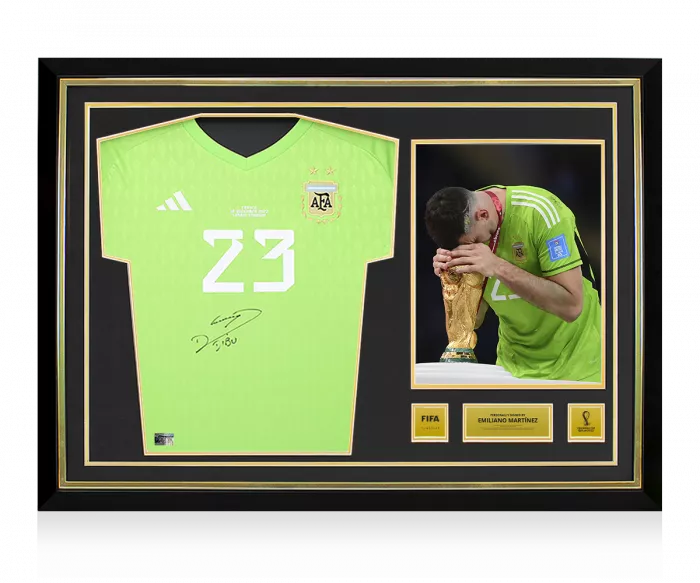icons Emiliano Martinez Official 2022 FIFA World Cup™ Front Signed and Hero Framed Argentina 2022 Home Goalkeeper Shirt