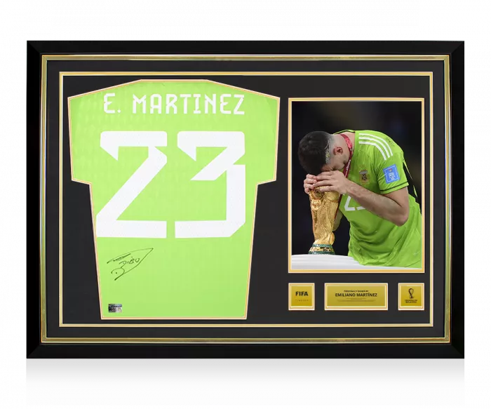 icons Emiliano Martinez Official 2022 FIFA World Cup™ Back Signed and Hero Framed Argentina 2022 Home Goalkeeper Shirt