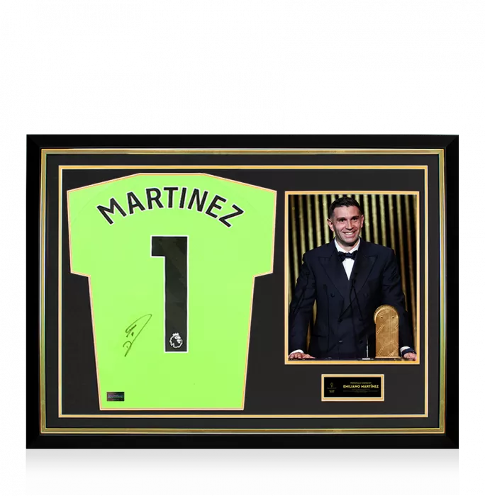 icons Emiliano Martinez Official Ballon d'Or™ Back Signed and Hero Framed Aston Villa 2023-24 Away Goalkeeper Shirt: 2024 Yachine Trophy Winner