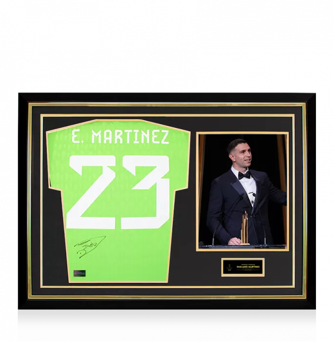 icons Emiliano Martinez Official Ballon d'Or™ Back Signed and Hero Framed Argentina 2022 Home Goalkeeper Shirt: 2023 Yachine Trophy Winner