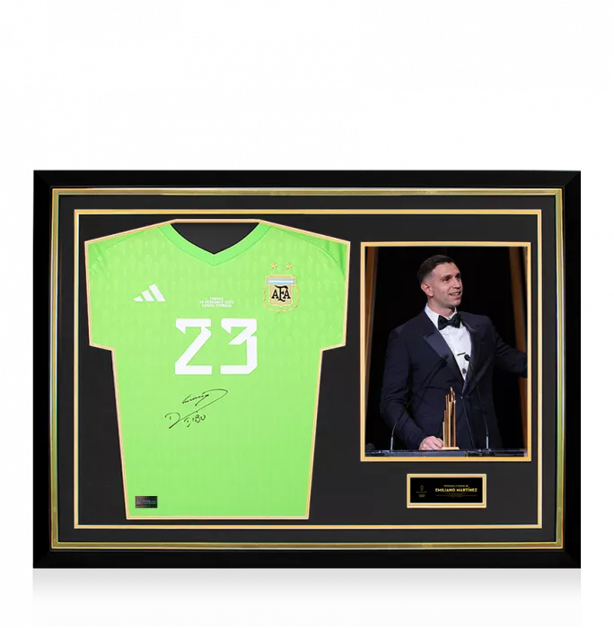 icons Emiliano Martinez Official Ballon d'Or™ Front Signed and Hero Framed Argentina 2022 Home Goalkeeper Shirt: 2023 Yachine Trophy Winner