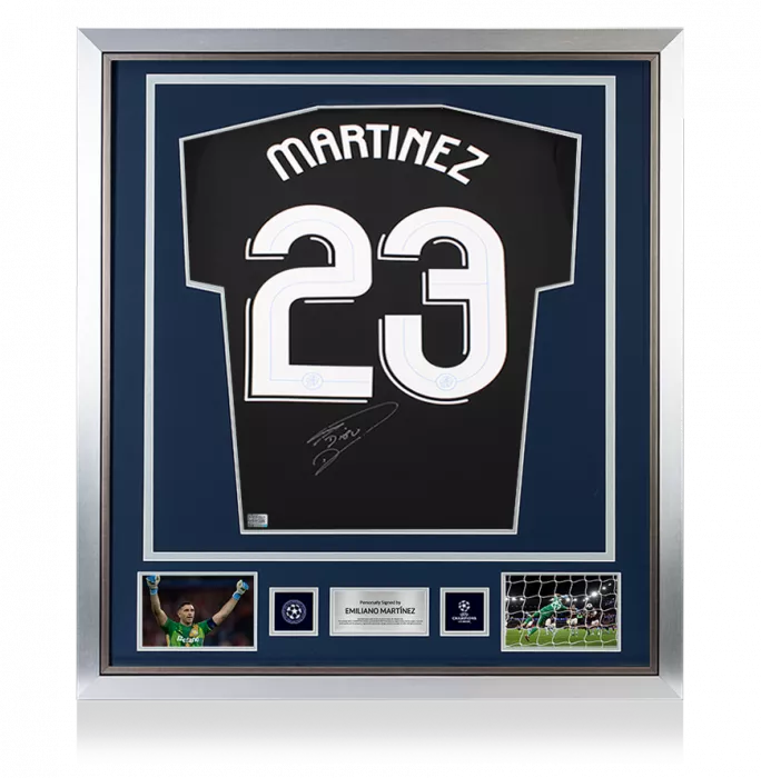 icons Emiliano Martinez Official UEFA Champions League Back Signed and Framed Aston Villa 2024-25 Goalkeeper Shirt