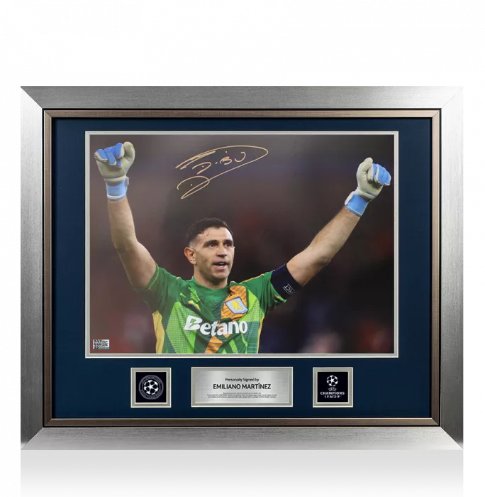 Icons Emiliano Martinez Official UEFA Champions League Signed And Framed Aston Villa Photo: UEFA Champions League Celebration