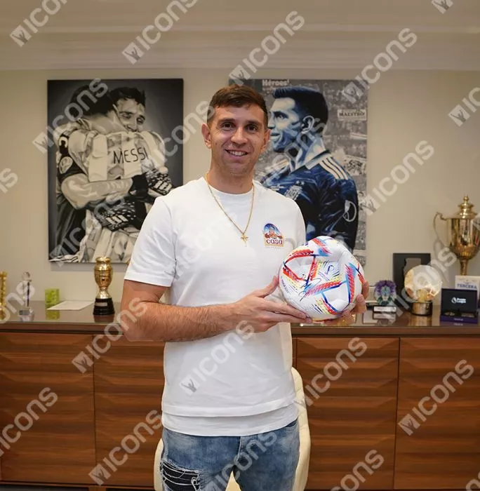Icons Emiliano Martinez Signed 2022 FIFA World Cup Football In Acrylic Case