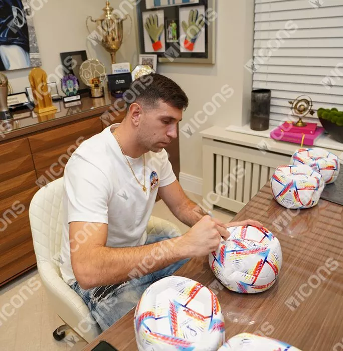 Icons Emiliano Martinez Signed 2022 FIFA World Cup Football In Acrylic Case