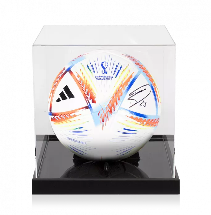 icons Emiliano Martinez Signed 2022 FIFA World Cup Football In Acrylic Case