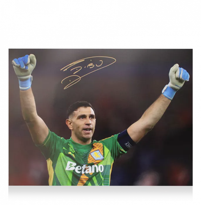 Icons Emiliano Martinez Signed Aston Villa Photo In Black Wooden Frame: UEFA Champions League Celebration