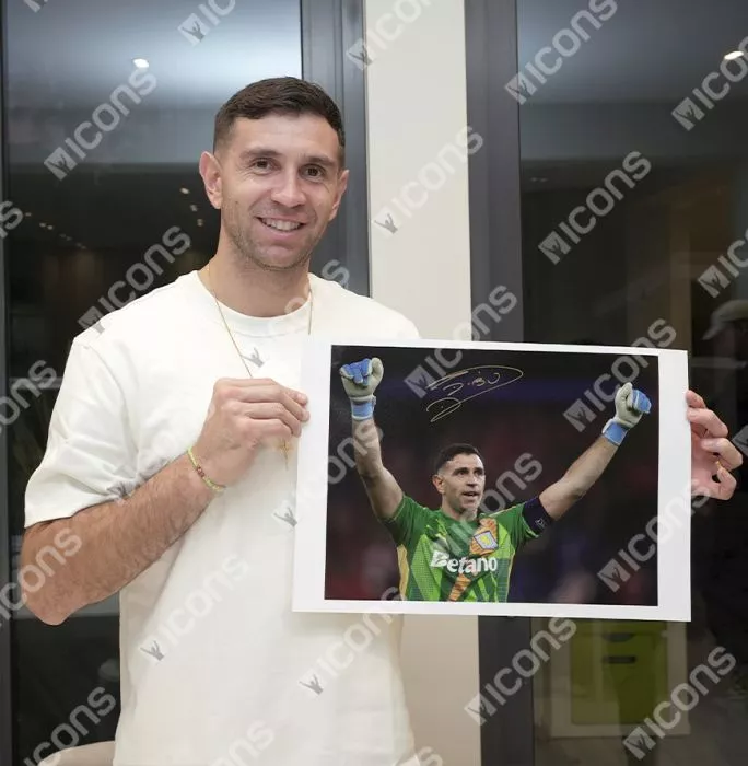 Icons Emiliano Martinez Signed Aston Villa Photo In Black Wooden Frame: UEFA Champions League Celebration