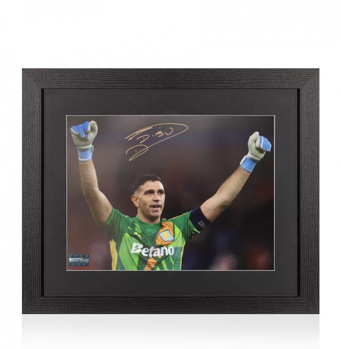 icons Emiliano Martinez Signed Aston Villa Photo In Black Wooden Frame: UEFA Champions League Celebration
